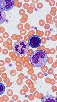 Microscopic view of human blood cells with neutrophil and monocyte