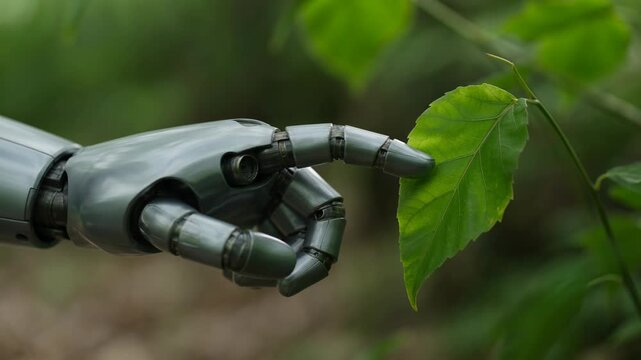 Robotic hand gently touching a vibrant green leaf. Nature and technology merging in harmony.