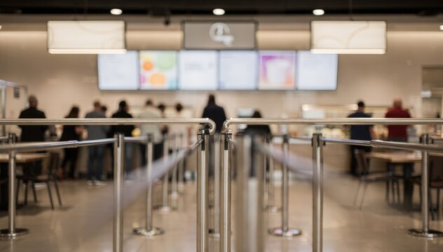 Medium shot of a cafeteria featuring singleline queue guided by sleek rails and overhead signs with a blurred background of waiting customers and bright menu boards.