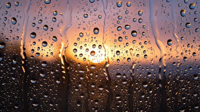 Raindrops on window glass against golden sunset background