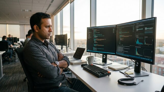 Data engineer reviewing code on dual monitors in an open-plan office