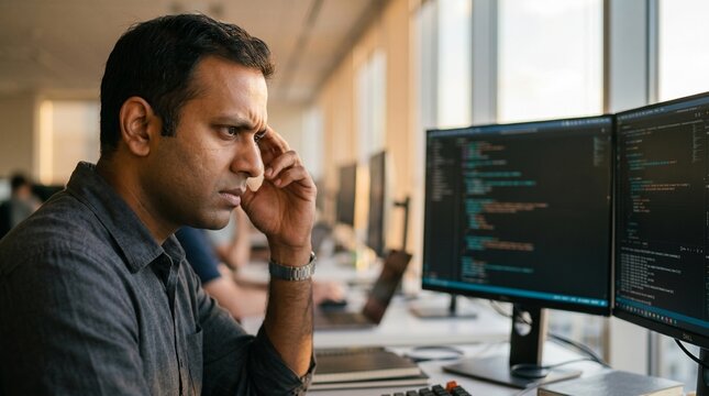 Data engineer analyzing code in an open-plan office during late afternoon