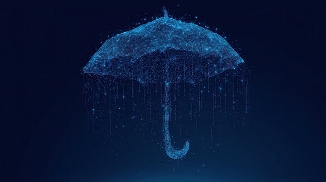 Abstract digital umbrella made of glowing plexus lines and dots on dark blue background, cybersecurity and data protection concept