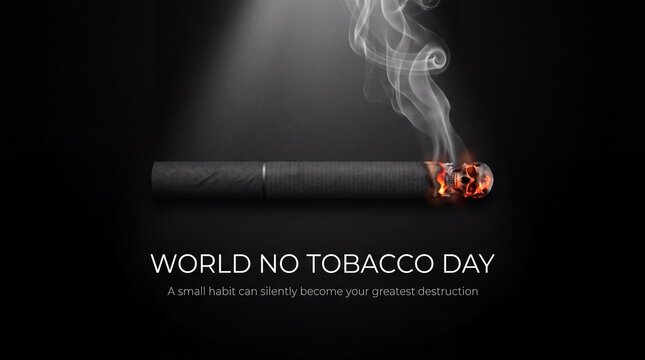 No Tobacco Day with a burning cigarette featuring a skull at the tip emitting smoke against a dark background