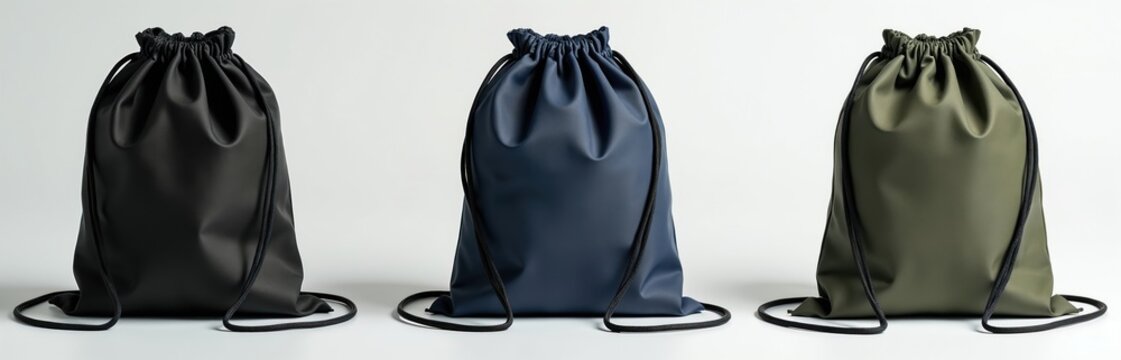 Three drawstring cinch bags in black, navy, olive green sit side by side against white background. Bags made of smooth, lightweight fabric, perfect for sports, travel, everyday use. Feature simple