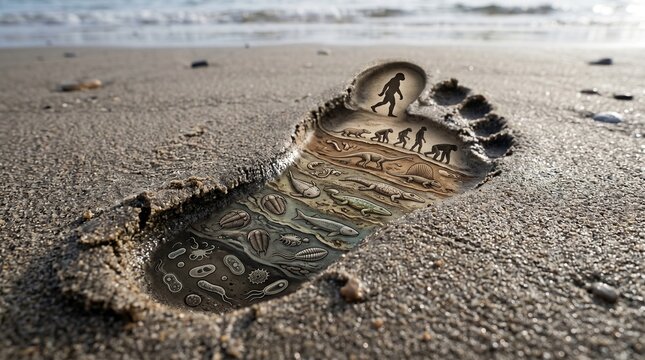Human footprint in sand showing the timeline of biological evolution. History of life on earth concept