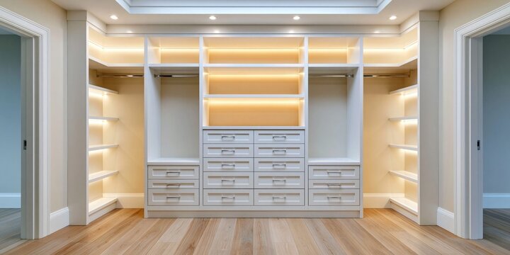 Elegant closet design featuring custom built ins
