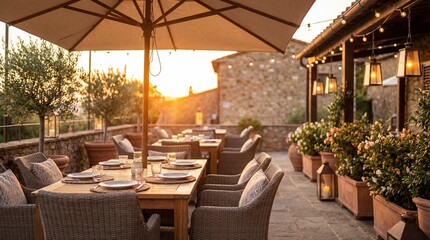 Fototapeta premium An empty outdoor dining terrace with tables set for a meal, illuminated by the warm glow of a sunset and string lights