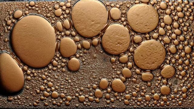 A macro shot of a multitude of golden bubbles of varying sizes creates a hypnotic and abstract texture that will serve as a unique backdrop for packaging design, beauty advertising and artistic projec