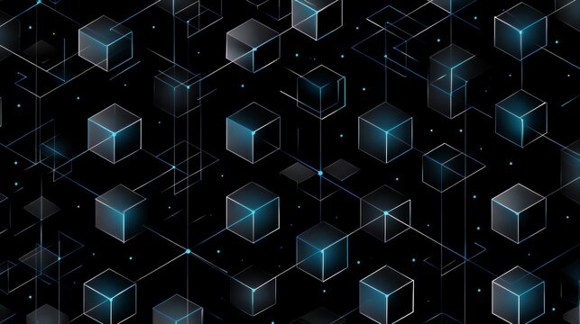 Abstract Geometric Blockchain Pattern with Isometric Line Art Cubes and Neon Blue Nodes for Big Data and Cyber Security Vector Background