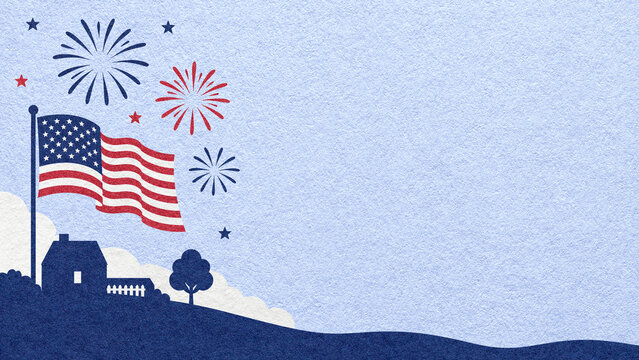 4th of July Independence Day light blue textured paper background with fireworks, American flag and house with copy space