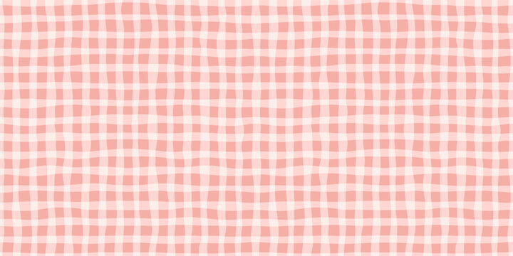 Wavy Plaid Seamless Pattern. Vector Watercolor Baby Gingham. Hand Drawn Check Background in Vintage Cottagecore Style of Pastel Pink Colors For Textile, Wallpaper, Packaging, Graphic Design