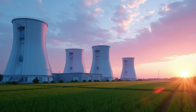 Cooling towers at nuclear power plant rise above green field at sunset. Sky has pink and blue clouds, with sun low on horizon. Industrial structures contrast with natural landscape.