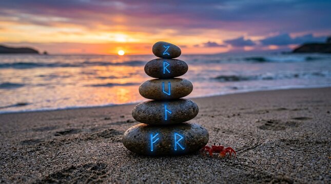 Balanced stack of five smooth weathered stones carved with glowing blue runes rests on a sandy beach near a scurrying tiny red crab at dusk.
