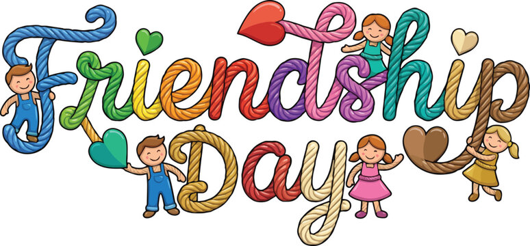 colorful illustration of children celebrating friendship day with rope letters