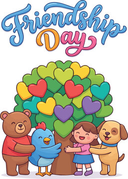 Friendship day illustration with heart tree and animals