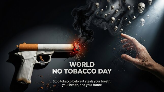 Symbolic representation of world no tobacco day with a pistol shaped cigarette exhaling smoke filled with skulls and a hand reaching out towards the danger highlighting the deadly consequences