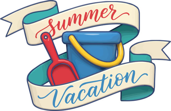 Colorful summer vacation beach illustration with bucket and shovel