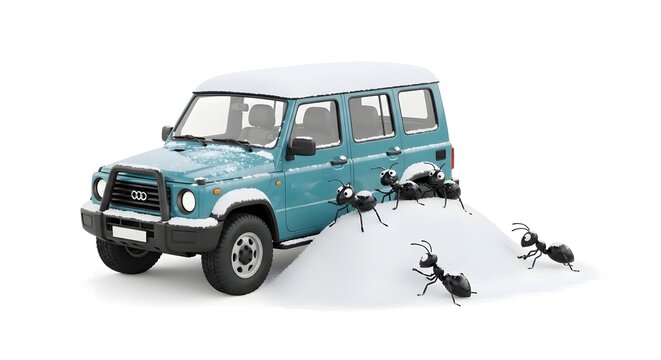 Ants Invading a Vintage Blue Vehicle in a Creative Scene.