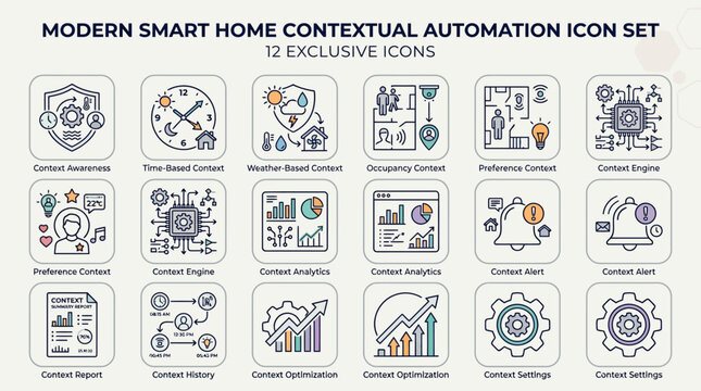 Modern smart home contextual automation icon set for IoT systems.