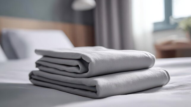 Neat stack of folded grey cotton sheets on a bed in a minimalist bedroom interior