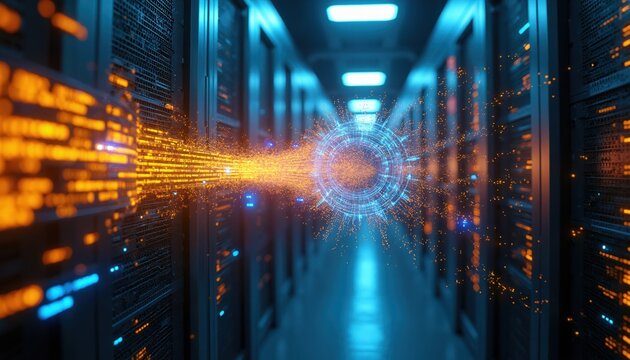 Abstract data stream flows between server racks in a data center. Digital information transfer creates glowing circular portal effect. Futuristic tech scene with glowing lights.
