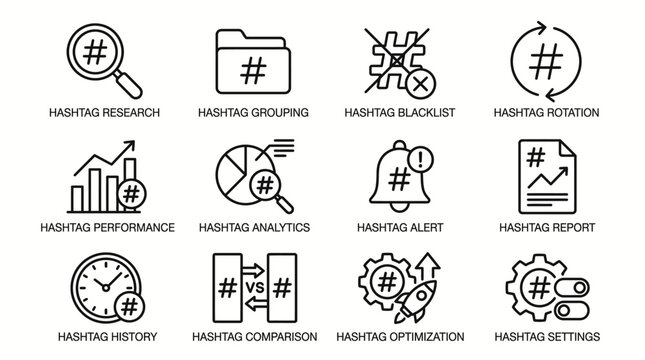 Set of Hashtag Management and Social Media Marketing Line Icons.