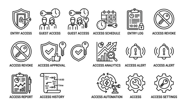 Set of line icons for security access management and control systems.