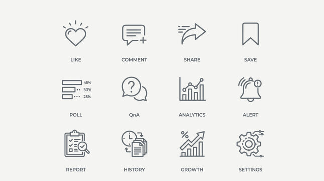 Set of minimalist business and digital interface outline icons.