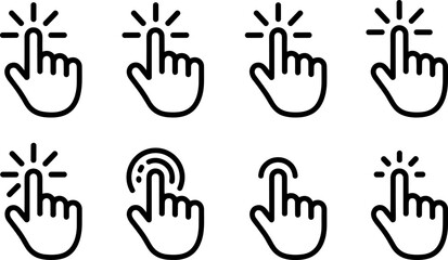Fototapeta premium Finger tap icon set with touch gesture symbols click press and touchscreen interaction minimal outline vector for app interface design