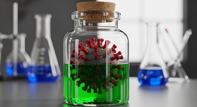 Coronavirus research: Virus in a jar with green liquid in laboratory.