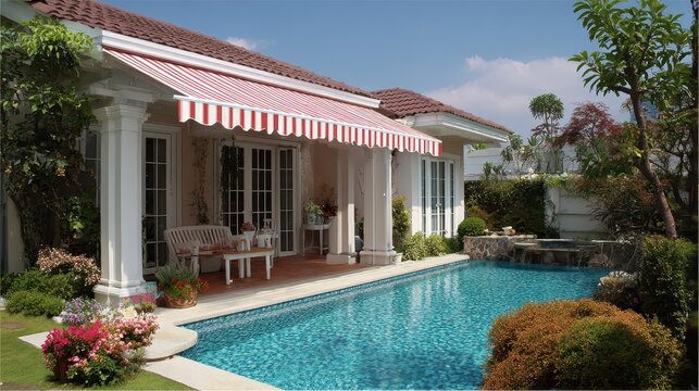 Luxury villa with a swimming pool and a red and white striped awning. It is perfect for architecture, vacation, or real estate advertising.