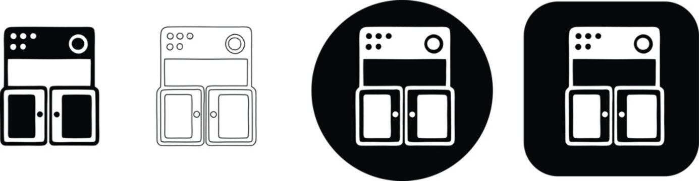 Vintage electronic device set with dials and doors in solid outline circle and square formats