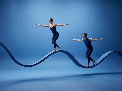 Dancers Balancing on a Wavy Blue Horizon