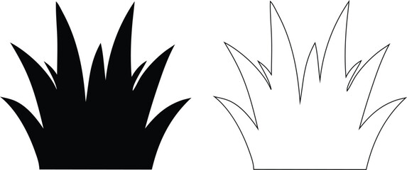 Black silhouette and outline of lush green grass clumps on white background © Parvin
