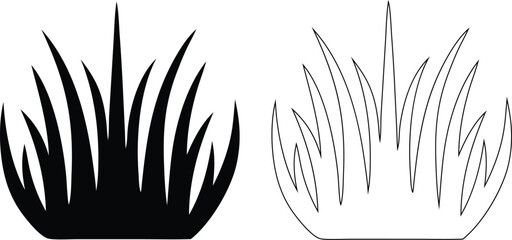 Two stylized clumps of grass one solid black silhouette and one outline © Parvin