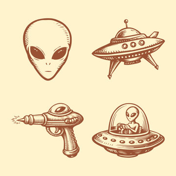 Vintage Alien and UFO Space Illustration Set
