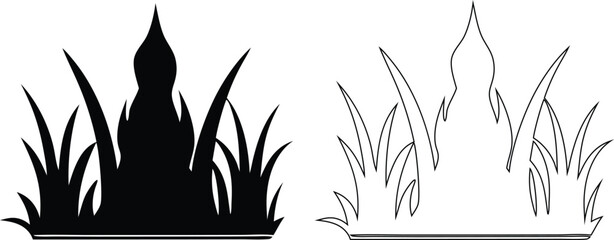 Black silhouette and outline of a crown-shaped grass clump on white background © Parvin