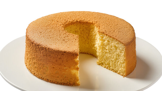 Round sponge cake with a slice removed on white plate