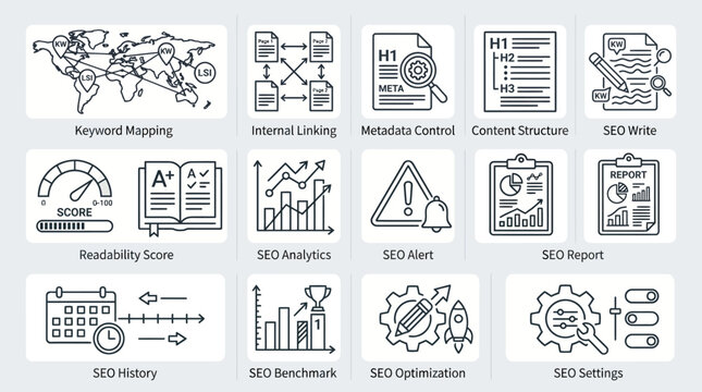 Set of SEO and Digital Marketing Line Icons for Website Optimization.