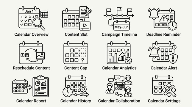 Set of Twelve Linear Vector Icons for Content Planning and Calendar Management.