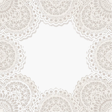 Isolated white whimsical frame doilies decorated with lace floral ornament. Horizontal shape border with vintage victorian elegance. Crochet, whimsy element for scrapbooking, wedding invitation cards.