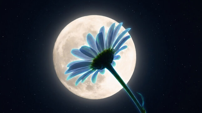 Siluet Bunga Aster Biru Transparan Berlatar Belakang Bulan Purnama dan Bintang