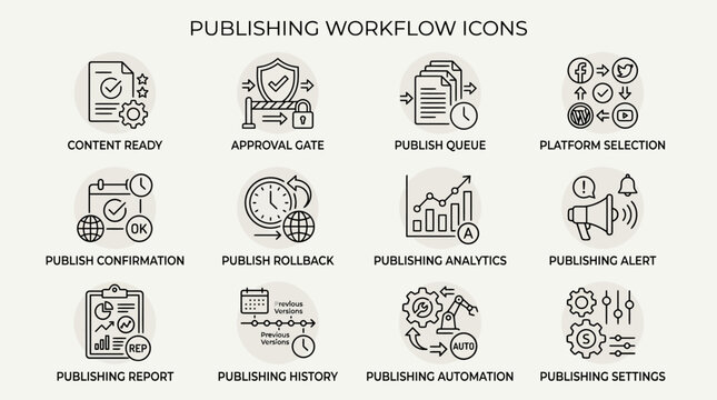 Set of twelve publishing workflow outline icons for digital content management.
