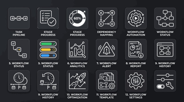 Set of workflow management and business process icons.