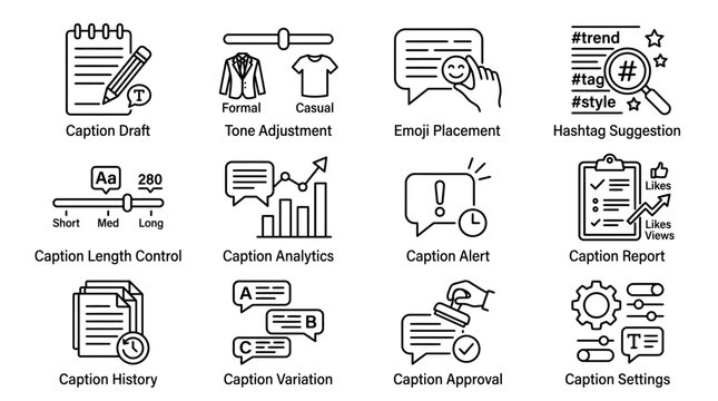 Set of social media caption management and content creation icons.