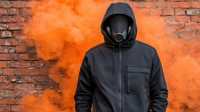 person wearing a black hooded jacket and gas mask stands against a brick wall with orange smoke swirling behind them.