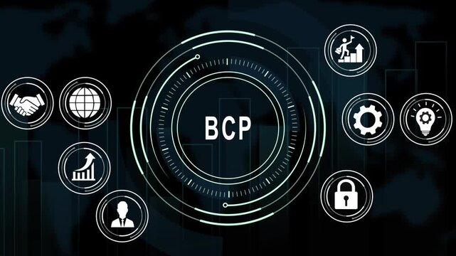 Business continuity plan bcp digital concept with animated hud interface for corporate risk management, strategic resilience, data security, and organizational planning