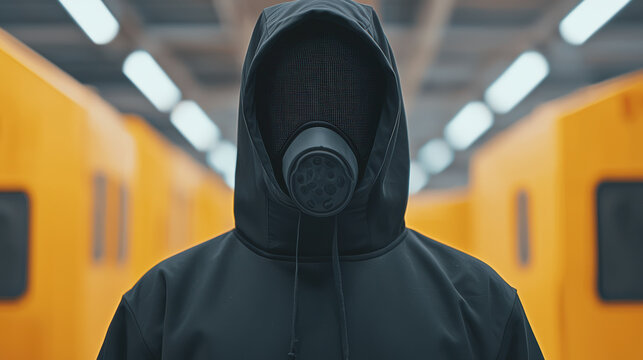 person in a black hooded jacket and gas mask stands in a corridor with bright yellow walls and ceiling lights.