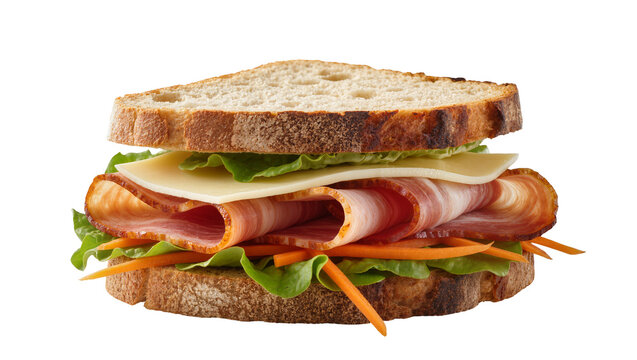 Hearty sandwich with rye bread ham cheese lettuce, and carrots